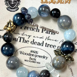 Aquamarine, Blue Tiger's Eye, Blue-Gray Rabbit Fur, and Iolite Crystal Designed Bracelet