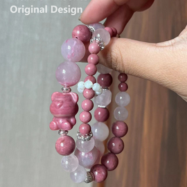 Rose Quartz Cherry Blossom Rain Red Wood Grain Mother-of-Pearl Bear Double Chain Crystal Design Bracelet
