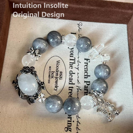 Blue Grey Rabbit Fur, White Phantom Quartz, and Clear Quartz Crystal Design Bracelet