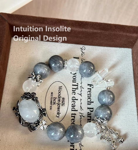 Blue Grey Rabbit Fur, White Phantom Quartz, and Clear Quartz Crystal Design Bracelet