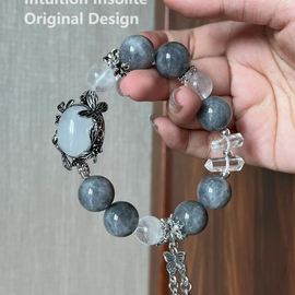 Blue Grey Rabbit Fur, White Phantom Quartz, and Clear Quartz Crystal Design Bracelet