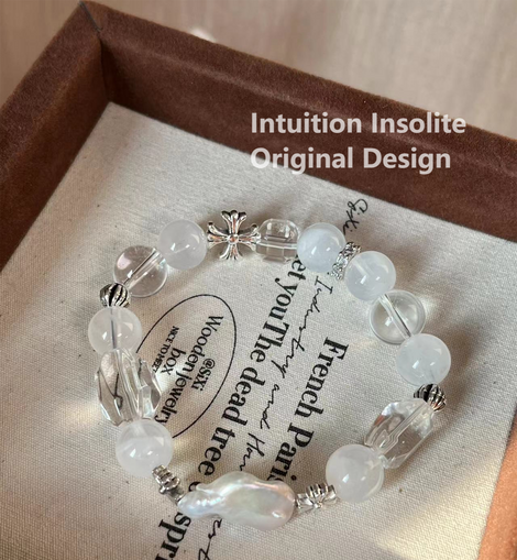 White Phantom Clear Quartz Baroque Pearl Cross Crystal Design Bracelet