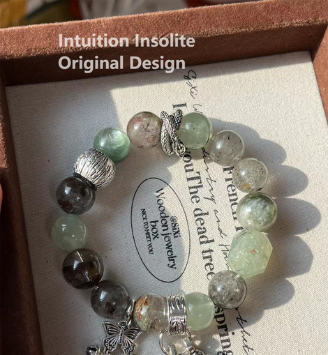 Green Ghost Quartz and Green Garnet (Tsavorite) Crystal Designed Bracelet