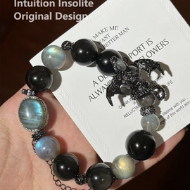 Gray Moonstone Silver Sheen Cabochon Dragon Crystal Design Bracelet