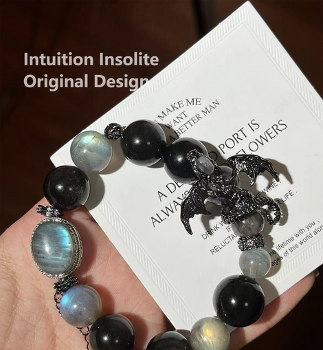 Gray Moonstone Silver Sheen Cabochon Dragon Crystal Design Bracelet