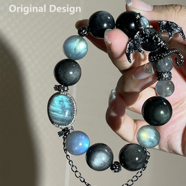 Gray Moonstone Silver Sheen Cabochon Dragon Crystal Design Bracelet