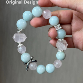 Aquamarine, Rose Quartz, and Bowknot Crystal Designed Bracelet