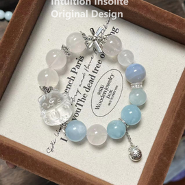 Milky Quartz, Aquamarine, Blue Lace Agate, and Cat Design Crystal Bracelet