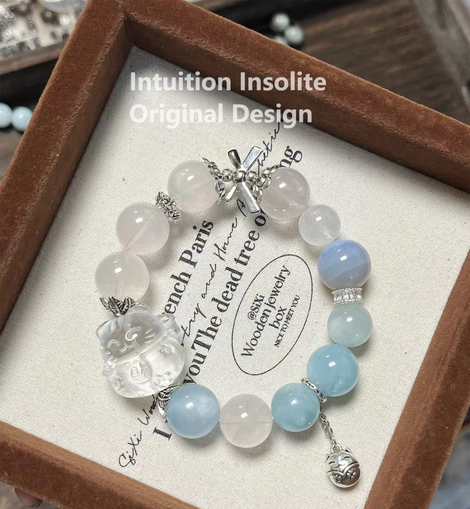 Milky Quartz, Aquamarine, Blue Lace Agate, and Cat Design Crystal Bracelet