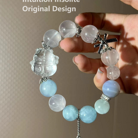 Milky Quartz, Aquamarine, Blue Lace Agate, and Cat Design Crystal Bracelet