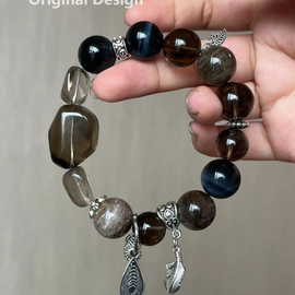 Smoky Quartz Layered Phantom Blue Tiger Eye Fish Tail Pearl Crystal Design Bracelet