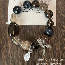Smoky Quartz Layered Phantom Blue Tiger Eye Fish Tail Pearl Crystal Design Bracelet