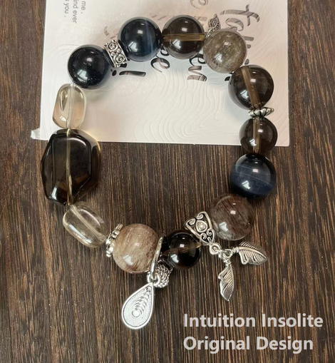 Smoky Quartz Layered Phantom Blue Tiger Eye Fish Tail Pearl Crystal Design Bracelet