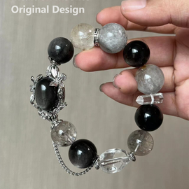 Silver Shine Phantom Blue-Grey Rutilated 13-16mm Crystal Design Bracelet