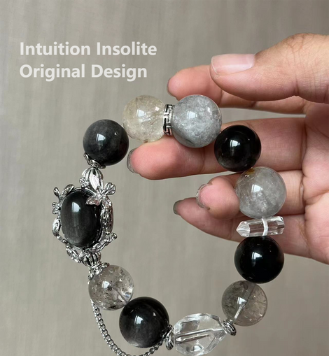 Silver Shine Phantom Blue-Grey Rutilated 13-16mm Crystal Design Bracelet
