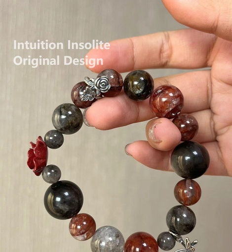 Cinnabar, Flashing Spirit, Silver Shine Stone, and Rose Quartz Crystal Bracelet