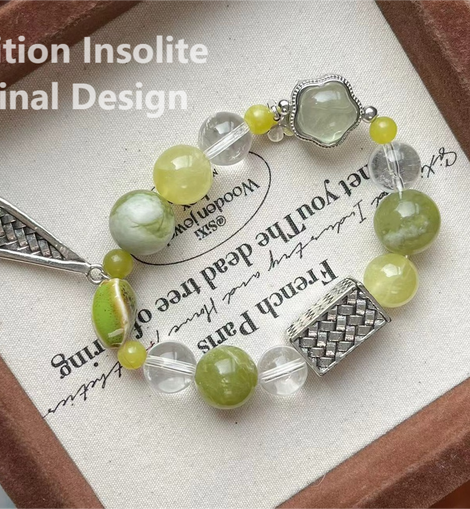 Jade, Golden Grapes, White Quartz, and Ceramic Tears Crystal Designed Bracelet