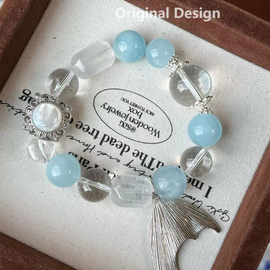 Aquamarine, Milky White Crystal, Clear Quartz, and Fish Tail Design Crystal Designed Bracelet