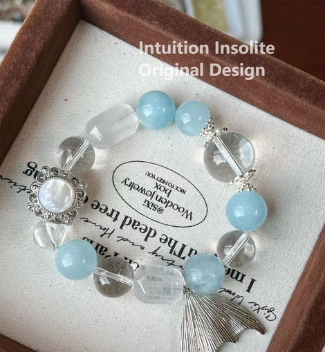Aquamarine, Milky White Crystal, Clear Quartz, and Fish Tail Design Crystal Designed Bracelet