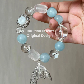 Aquamarine, Milky White Crystal, Clear Quartz, and Fish Tail Design Crystal Designed Bracelet