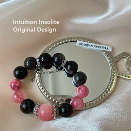 Silver Obsidian 14mm Chalcedony Bead 12mm Black and Pink Crystal Design Bracelet