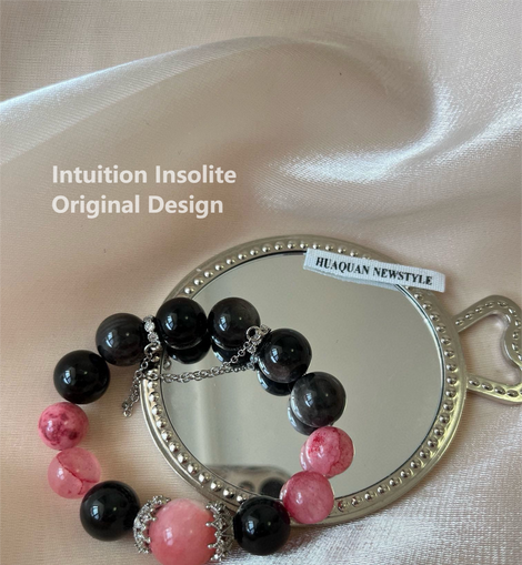 Silver Obsidian 14mm Chalcedony Bead 12mm Black and Pink Crystal Design Bracelet