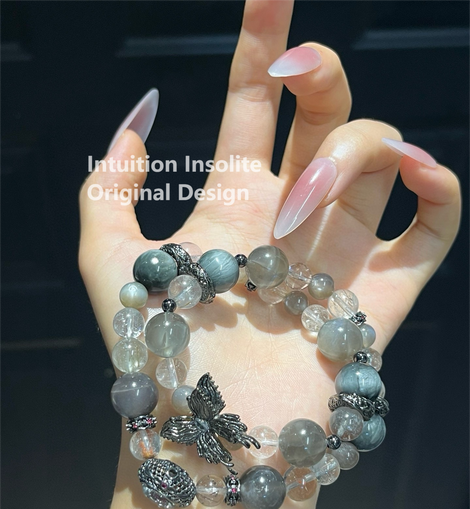 White Crystal Moonstone Long Strand Butterfly Cabochon Crystal Design Bracelet