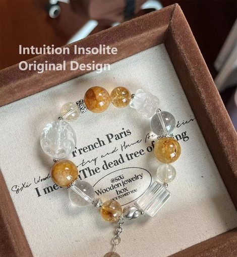 White Quartz, Yellow Gel Flower, and Rutilated Quartz Crystal Designed Bracelet