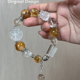 White Quartz, Yellow Gel Flower, and Rutilated Quartz Crystal Designed Bracelet