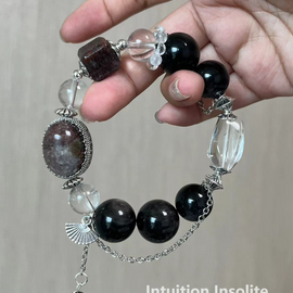 White Crystal Phantom Silver Sheen Obsidian Cabochon Crystal Design Bracelet