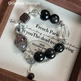 White Crystal Phantom Silver Sheen Obsidian Cabochon Crystal Design Bracelet