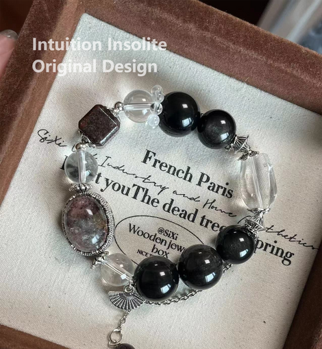 White Crystal Phantom Silver Sheen Obsidian Cabochon Crystal Design Bracelet