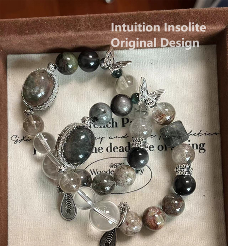 16mm White Quartz, Phantom Quartz, Silver Sheen Obsidian, and Green Hair Quartz Crystal Designed Bracelet
