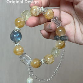 Yellow Gel Flower, Moonstone, Black Tourmaline, White Quartz, Lemon Quartz, and Pearl Crystal Designed Bracelet
