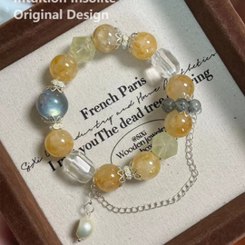 Yellow Gel Flower, Moonstone, Black Tourmaline, White Quartz, Lemon Quartz, and Pearl Crystal Designed Bracelet