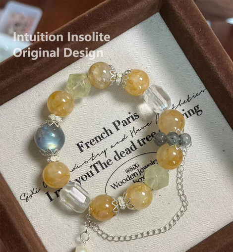 Yellow Gel Flower, Moonstone, Black Tourmaline, White Quartz, Lemon Quartz, and Pearl Crystal Designed Bracelet