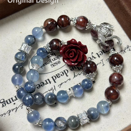 Cinnabar, Gel Flower, Blue Fluorite, and Lapis Lazuli Dragen Crystal Designed Bracelet