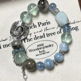 Aquamarine, Green Fluorite, and Green Ghost Quartz Crystal Designed Bracelet