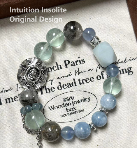 Aquamarine, Green Fluorite, and Green Ghost Quartz Crystal Designed Bracelet