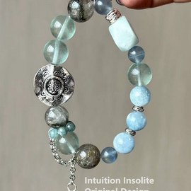 Aquamarine, Green Fluorite, and Green Ghost Quartz Crystal Designed Bracelet