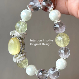 Purple Rabbit Fur, Lemon Quartz, and Shell Pearl Crystal Designed Bracelet