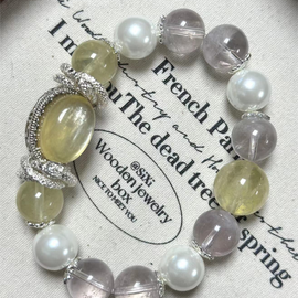 Purple Rabbit Fur, Lemon Quartz, and Shell Pearl Crystal Designed Bracelet
