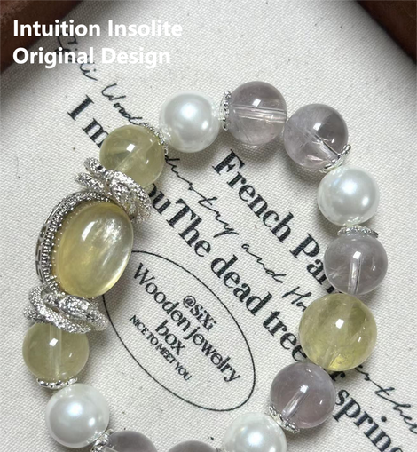 Purple Rabbit Fur, Lemon Quartz, and Shell Pearl Crystal Designed Bracelet