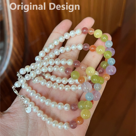 Pearl, Strawberry Quartz, Aquamarine, Golden Grapestone, Lavender Quartz, and Jade Crystal Designed Bracelet
