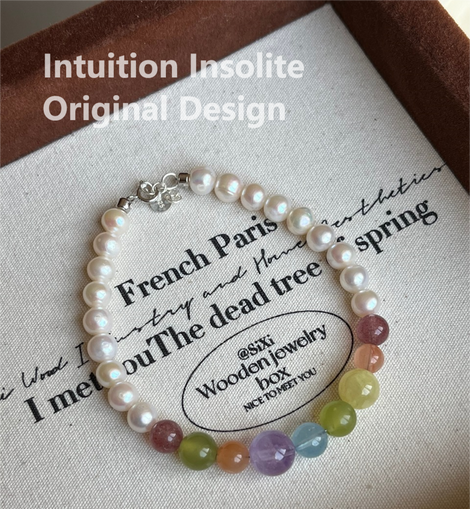 Pearl, Strawberry Quartz, Aquamarine, Golden Grapestone, Lavender Quartz, and Jade Crystal Designed Bracelet