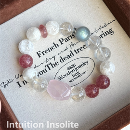 Rose Quartz Strawberry Quartz Snowflake Phantom Gray Moonstone Sterling Silver Crystal Design Bracelet