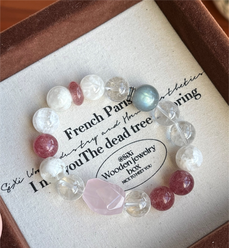 Rose Quartz Strawberry Quartz Snowflake Phantom Gray Moonstone Sterling Silver Crystal Design Bracelet