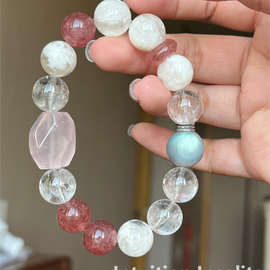 Rose Quartz Strawberry Quartz Snowflake Phantom Gray Moonstone Sterling Silver Crystal Design Bracelet
