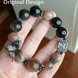 Moonstone Silver Sheen Black Gold Bead 16-17mm Butterfly Crystal Design Bracelet