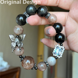 Moonstone Silver Sheen Black Gold Bead 16-17mm Butterfly Crystal Design Bracelet